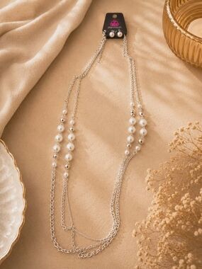 Paparazzi Silver and White Layered Pearl Chain Necklace